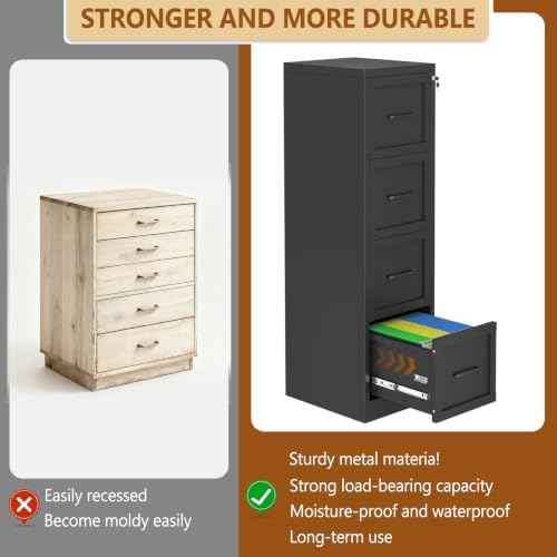 4 Drawer Metal File Cabinet with Lock,Narrow Vertical Filing Storage Cabinets,Steel File Organization for Legal/Letter/A4/F4 Size with Hanging Files,Lockable File Folders for Home Office, Black