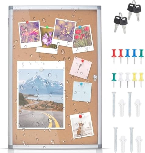 Enclosed Cork Bulletin Board Tamper-Proof Dispaly Case, Aluminium Frame, All-Weather Cork Noticeboard, Outdoor Enclosed Cork Board for School, Office, Restaurant, Hospital (38 X 26 Inches)