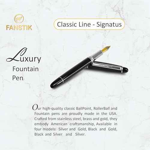 FANSTIK, Customized Fountain pen with name (MADE IN USA), stainless steel, black and silver, luxury engraved pen personalized for men and for women. (Fountain Black-Silver)