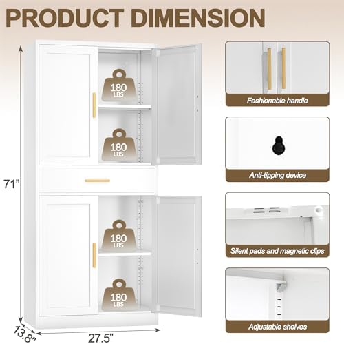 71" Tall Kitchen Pantry Cabinet, Metal Kitchen Pantry Storage Cabinet with Drawer and 2 Adjustable Shelves, Freestanding Pantry Cupboard for Living, Dining Room, White
