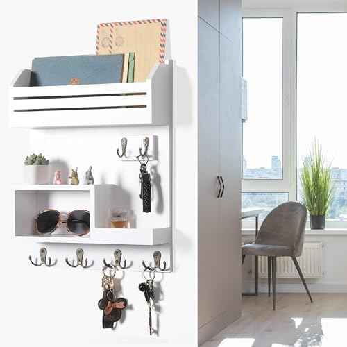Key Holder for Wall, Wall Mounted Mail Organizer with 6 Metal Key Hooks, Key Racks for Home Entryway Decor, Luxury White