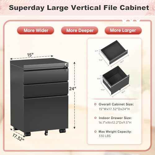 Superday Black File Cabinet 3 Drawer, Fully Assemble Metal Rolling Vertical Filing Cabinet with Wheels, Small Under Desk File Cabinets for Home Office