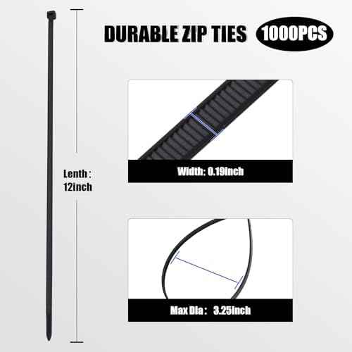 12 Inch Black Zip Ties, Heavy Duty Self Locking Wire Ties,1000PCS Plastic Cable Ties Straps for Cable Management, Fencing, Electrical,Christmas,Weding Fastening,Indoor and Outdoor Use