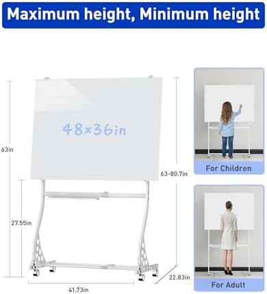 Mobile Glass Whiteboard, 48 x 36 inch Glass Board/w Height Adjustable, Large Portable Dry Erase Board with Stand and Wheels for Home, Office,Classroom &School, White
