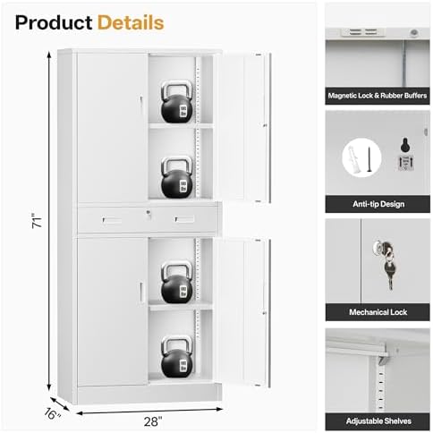 Metal Storage with 1 Drawer, 71" Cabinet with 4 Locking Doors and 2 Adjustable Shelves, Steel Storage File Cabinet for Pantry, Kitchen, Office, Garage (White)