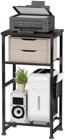 Industrial 3 Tier Printer Stand, Home Printer Wood Table with Wire Storage Shelf for Scanner Fax Machine, Heavy Duty Metal, Black with Burly Wood Board
