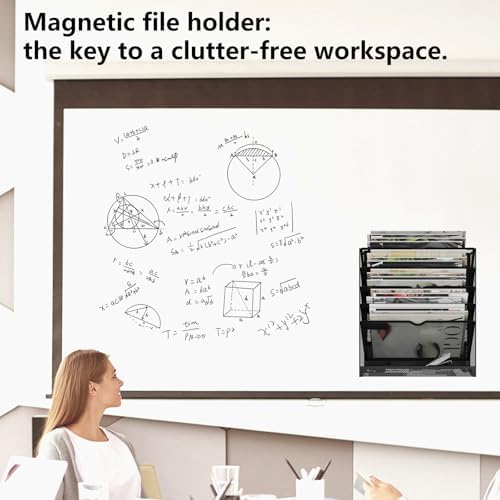6 Tier Magnetic File Holder, Large Capacity Mesh Hanging Wall Organizer Vertical Magnetic Hanging File Organizer, Magnetic File Folder Holder for File Cabinets, Office, Whiteboard (Black)