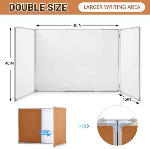 Mooliwe 60"x40" Tri-fold Cork Board Whiteboard Combo, Foldable