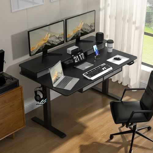 Electric Standing Widened Desk 63 * 30 Inches Adjustable Height with 4 Drawers, Double Storage Shelves Stand Up Desk, Home Office Workstation Sit Stand up Desk (Classical Black)