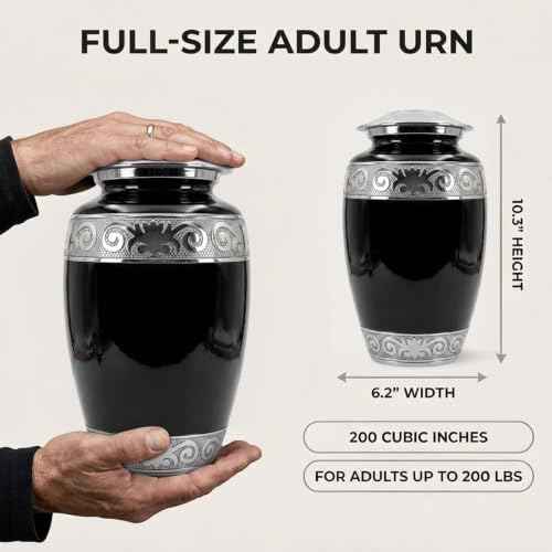 Urns for Human Ashes Adult Male and Female | Handcrafted Large 200 Cubic Inches Cremation Urn with Silver Engraving | Secure Threaded Lid | Black Memorial Urn for Burial Ashes