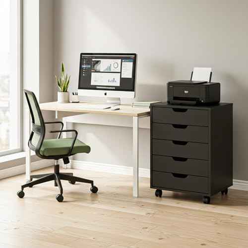 VINGLI 5 Drawers Mobile File Cabinet with Wheels, Under Desk Storage Organization, Vertical Filing Chest Rolling Wood Small Desk Printer Stand for Home Office, 19" W × 15.8" D × 25.6" H, Black