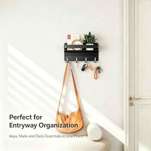Modern Key Holder Wall Mount with Shelf, Metal Mail Holder with 8 Key Hooks