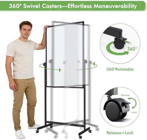 Rolling Whiteboard on Wheels 48" x 32" Aluminum Frame (Black)