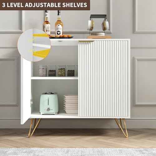 Fluted Storage Cabinet Sideboard Accent Cabinet with 2 Doors, White, 1PC丨Buffet Cabinet with Metal Legs and Adjustable Shelf for Kitchen, Dining Room, Living Room, Office