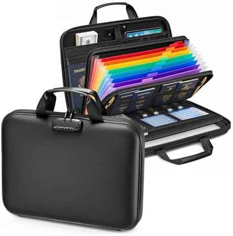 Fireproof Document Box with Lock, Hard case Fireproof File Organizer with 13 Pocket Accordion File Folders, Portable Safe Box