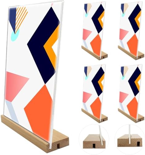 8.5 x 11 Acrylic Sign Holder with Wood Base 5 Pack L/T Shape Vertical or Slant Back Display for Wedding, Restaurant, Office, Hotel