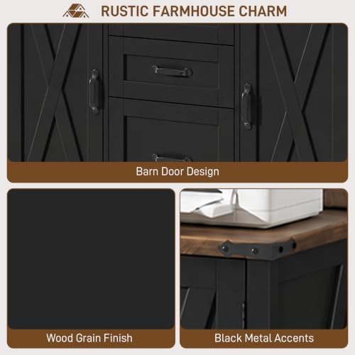 Vabches File Cabinet with 3 Drawers, Farmhouse Lateral File Cabinet Fits Files Letter/A4 Size, Wooden Filing Cabinet with Door and Adjustable Shelves Printer Stand for Home Office, Dark Brown
