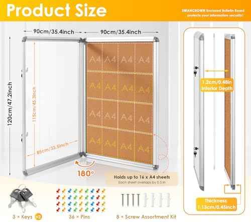 SWANCROWN 48x36 in Enclosed Bulletin Board, Locking Display Case 16xA4