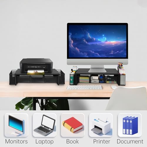 Qupui Computer Monitor Stand Riser with Drawer and Pen Holders, Desk
