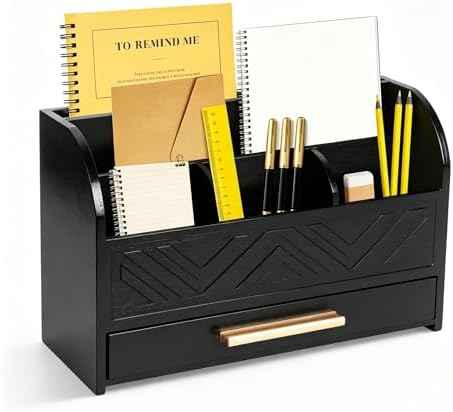 Charmewooden Black Desktop Organizer with Drawer Storage, White Desk Organizer Mail Holder Mail Organizer Countertop Pen Holder Letter Sorter Make up Organizer for School Home Office Supplies