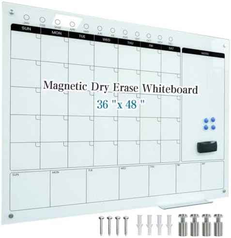 Magnetic Glass Whiteboard Calendar 48"x36" Glass Dry Erase Calender Board 36"x48" Monthly Plan White GlassBoard Wall Mounted for Office School Home (White)