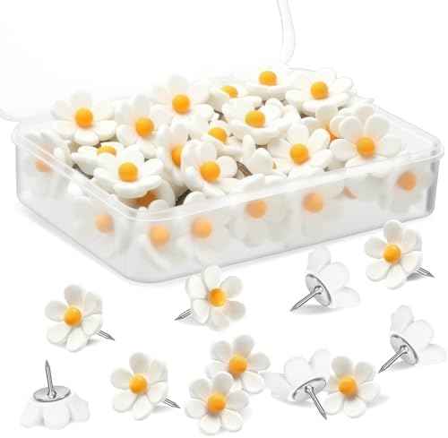 Sawysine 60 Pcs Cute Push Pins Decorative Push Pins Thumb Tacks Colorful Flower Pushpins, Flower Thumb Tack for Cork Board Wall Office Home (White)