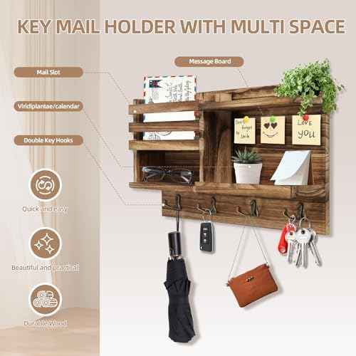 Key Holder Wall Mount, Solid Wood Key and Mail Organizer for Wall(Self Adhesive or Drill), 8 Hooks Key Rack for Entryway Hallway Bedroom Farmhouse Home Decor (Burnt Brown)