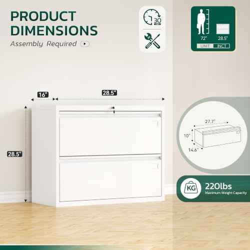 Greenvelly 2 Drawer File Cabinet, Metal Filing Cabinet with Lock, Locking File Cabinet for Home Office, Lateral File Cabinet for Letter/Legal/F4/A4 Size Hanging Files, Easy Assembly, White