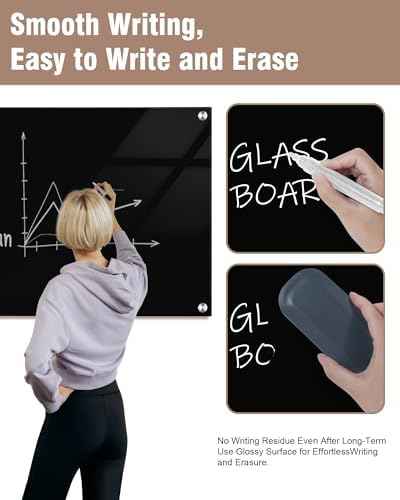 Mifuro Magnetic Glass Whiteboard，24"x18" Wall Mounted Frameless Dry Erase Board for Office, Home & School Black