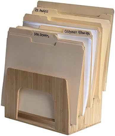 MobileVision Bamboo Desktop Inclined File Folder Organizer and Paper Tray, Upright Sections, Step Sorter, 5 Slots