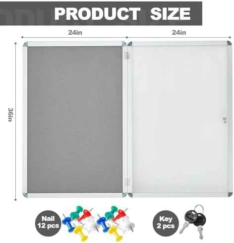 Geetery 36 x 24 Inch Enclosed Bulletin Board with Locking Door Fabric Cork Outdoor Bulletin Board Lockable Display Case, Tamperproof Aluminium Frame Noticeboard Wall-Mounted for School, Office (Gray)