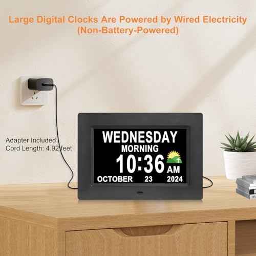 SSINI Digital Calendar Dementia Alarm Clock with Day and Date for Elderly - 15 Alarms 5 Colors Display Large Display Alzheimers Clock Large Digital Clock for Seniors (7in Black)