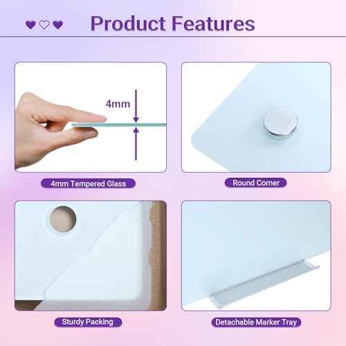 Magnetic Glass Whiteboard - 36” x 24” Glass Dry Erase Board for wall, Frameless Glass WhiteBoard for Office, Home & School