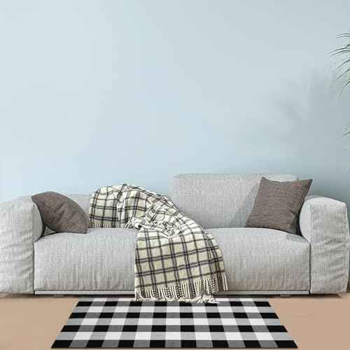 Buffalo Plaid Area Rug, Checkered Rug 3x5 Ft, Black and White Rug, Washable Cotton Mat for Front Porch, Entryway, Kitchen, Living Room, Home Decor