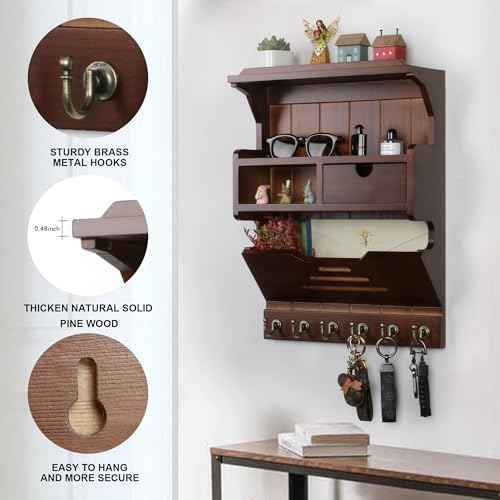 Key Holder for Wall, Elegant Wall-Mounted Mail Organizer with Storage Drawers, Walnut