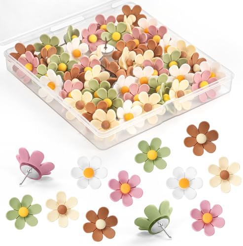 50Pcs Flower Push Pins,5 Colors Cute Cork Board Pins, Decorative Thumb Tacks for Bulletin Board, Feature Wall, Office, Home