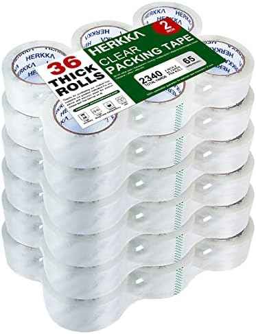 HERKKA Clear Packing Tape, 36 Rolls Heavy Duty Packaging Tape for Shipping Packaging Moving Sealing, Thicker Clear Packing Tape, 2 inches Wide, 65 Yards Per Roll, 2340 Total Yards