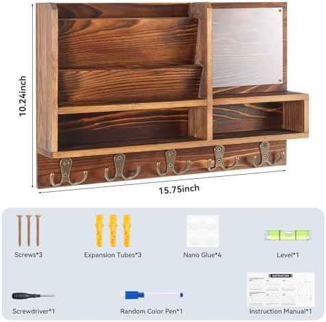 Key Holder Wall Mount, Mail Organizer Wall Mounted, Solid Wood Key Holder for Wall Living Room Entryway Home Decor, with 10 Key Hooks, Shelf, Marker Pen, 15.7" x 10.2" x 2.8"