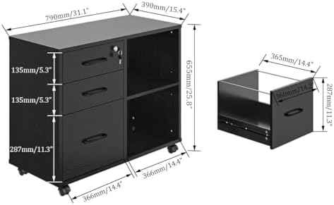 Panana 3 Drawer Office File Cabinets, Mobile Lateral Printer Stand with Open Storage Shelf, Rolling Filing Cabinet with Wheels Home Office Organization and Storage (Black)