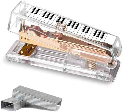 Cute Rose Gold Desk Stapler – Acrylic Transparent Design with Musical Note & Piano Keyboard Pattern, for Home, Office, and Music Lovers Gift (Piano Keyboard)