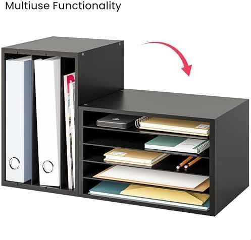 Ballucci 5 Tier Paper Organizer Letter Tray, Wood Desk File Organizer with Adjustable Shelves, Home Office School Letter/A4 Mail Sorter Magazine Holder - Black