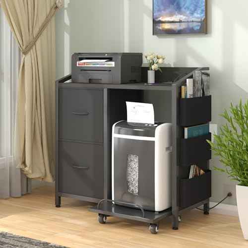 Printer Stand with Storage, Lateral Office Filing Cabinets with Power outlets & USB Charging Port, File Cabinet with Large Printer Stands for Home Office, Shredder Stand Rack (Black)