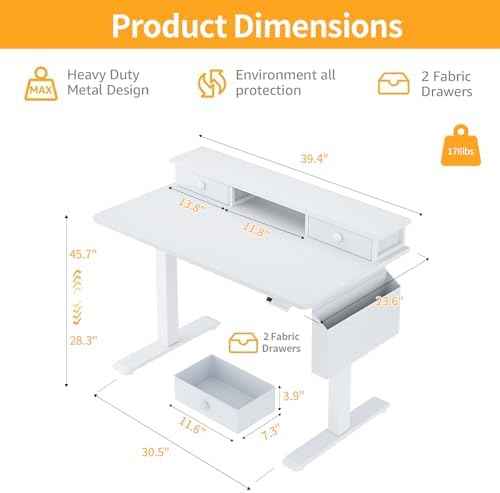 White Electric Standing Desk with Drawers - 40 Inch Small Standing Desk with Shelf Monitor Stand Storage Height Adjustable for Home Office, Study Writing Girls Computer Sit Stand Desks for Bedroom