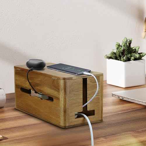 Large Acacia Wood Cable Management Box, Magnetic Lid, Cable Organizer