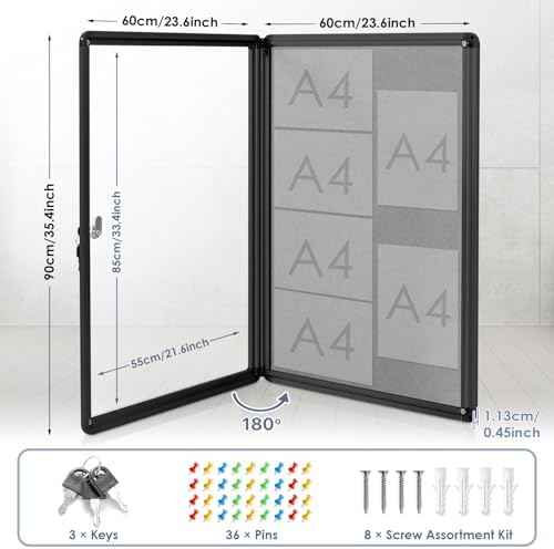 36x24 in Enclosed Bulletin Board Locking Display Case, Grey Felt