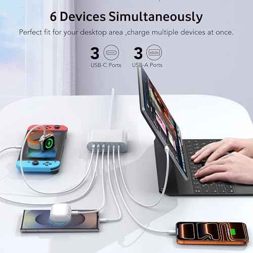 100W USB C Fast Charger Block Compact GaN 6 Port PD USB C and QC USB A Wall Charger Type C Charging Station Hub Adapter Plug Cube Brick for iPhone 17 16 15 14 Pro Max iPad Pro Air Samsung Pixel LG