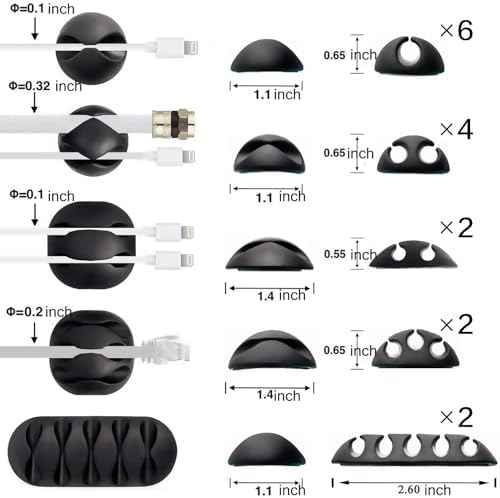 OHill 16-Pack Black Cord Organizer - Adhesive Cable Clips Holder for Desk, Wall, Car - Wire Management Clips for iPhone Charger, USB, Computer Cables -Cord Keepers with Strong Sticky Backing