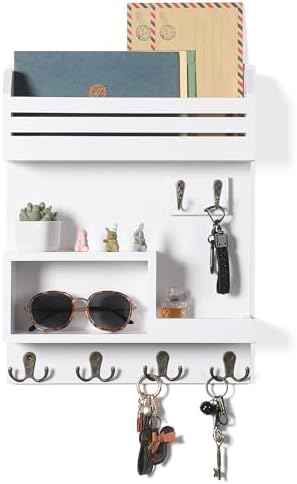 Key Holder for Wall, Wall Mounted Mail Organizer with 6 Metal Key Hooks, Key Racks for Home Entryway Decor, Luxury White