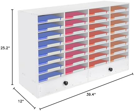 Literature Organizers, 32 Compartments Office Mailbox with Adjustable Shelves and 2 Drawers, Wood Literature Sorter 39.4*12*25.2in inches for Office, Classroom, Mailrooms Organization (White)