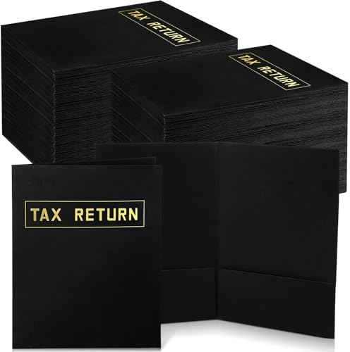 Kosiz 100 Pcs Tax Return Folders Bulk 9 x 12 Inch 2 Pocket Gold Foil Stamped Folder with Pockets for Business Office Storing or Handling Personal and Customer Tax Return Organizer (Black)